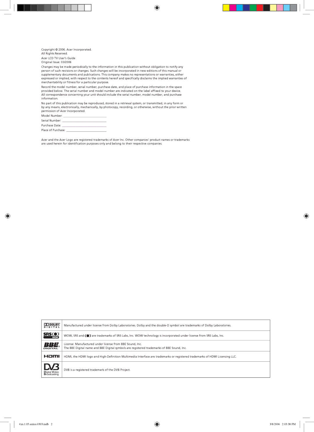 Acer AT3705-MGW, AT3705-DTV important safety instructions In.1.05.series.0303.indb 2006 20338 PM 