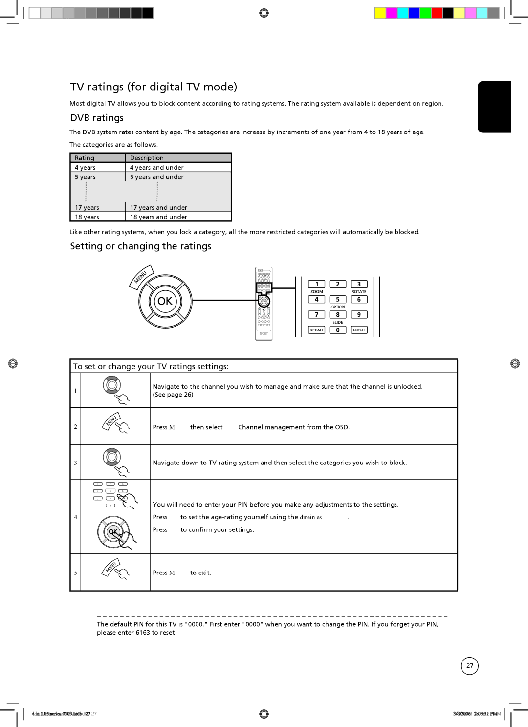 Acer AT3705-DTV TV ratings for digital TV mode, DVB ratings, Setting or changing the ratings, Press Menu to exit 