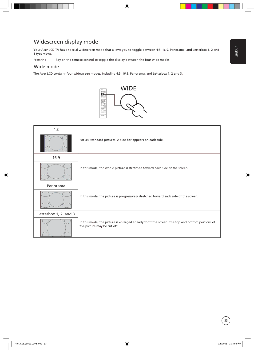 Acer AT3705-DTV, AT3705-MGW important safety instructions Widescreen display mode, Wide mode, 169, Panorama, Letterbox 1, 2 