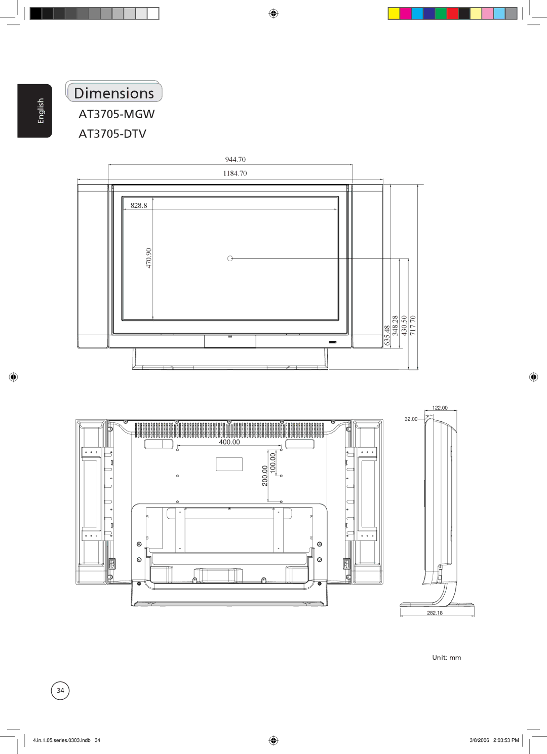 Acer important safety instructions Dimensions, AT3705-MGW AT3705-DTV 