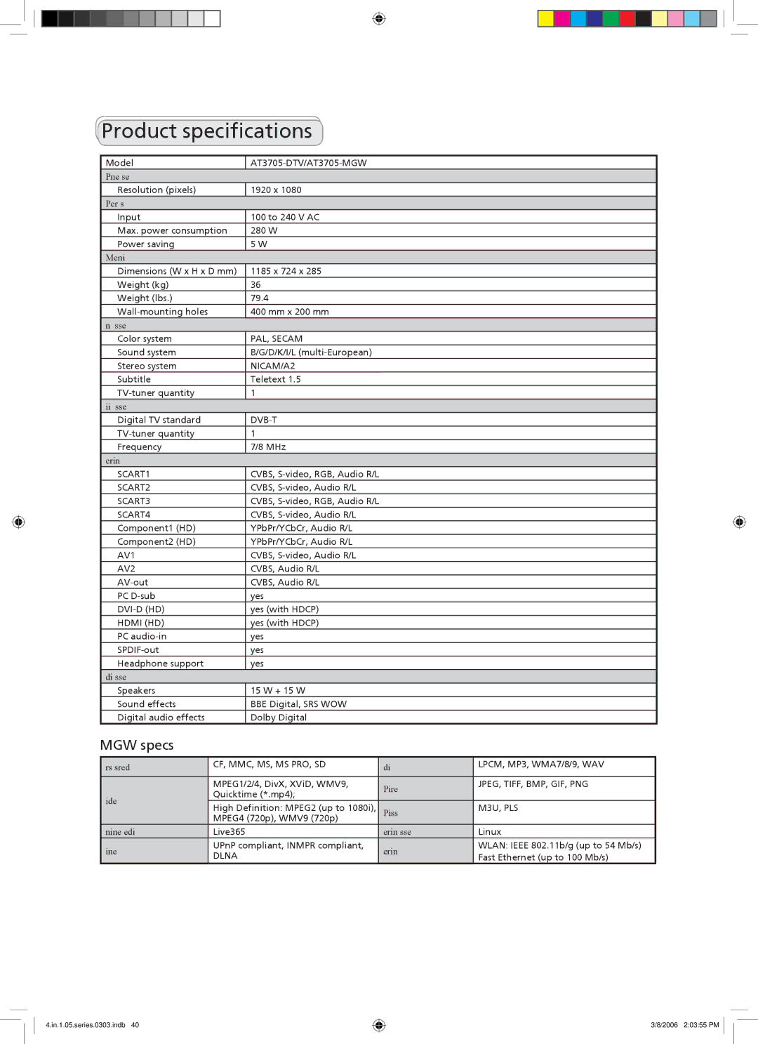 Acer AT3705-MGW, AT3705-DTV important safety instructions Product specifications, MGW specs 