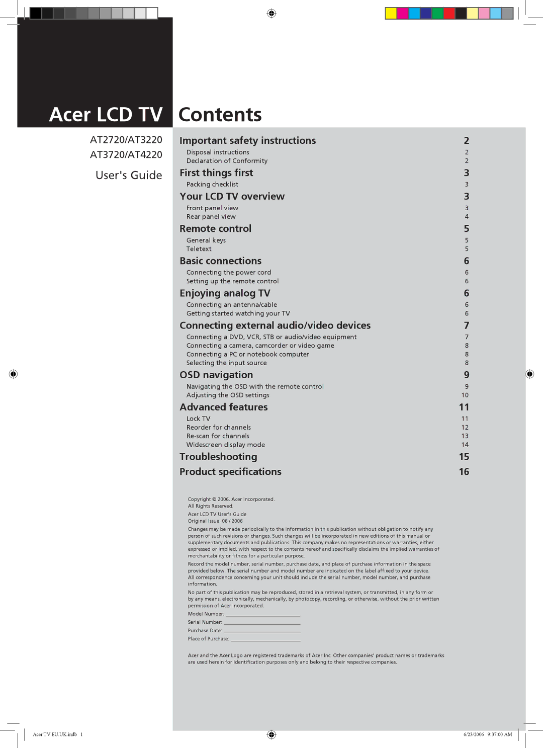 Acer AT3220, AT3720, AT4220 manual Acer LCD TV 