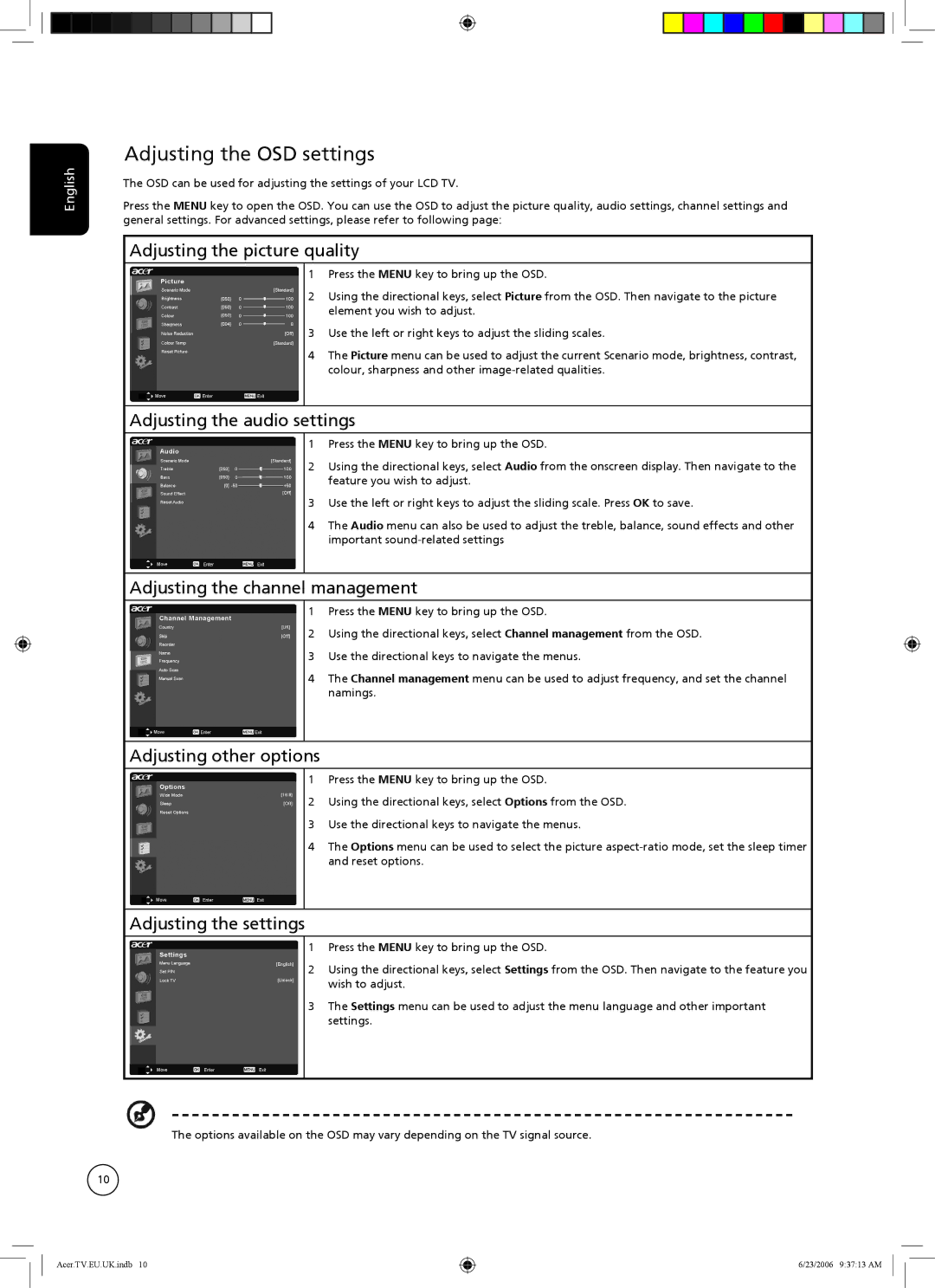 Acer AT3720, AT4220, AT3220 manual Adjusting the OSD settings 