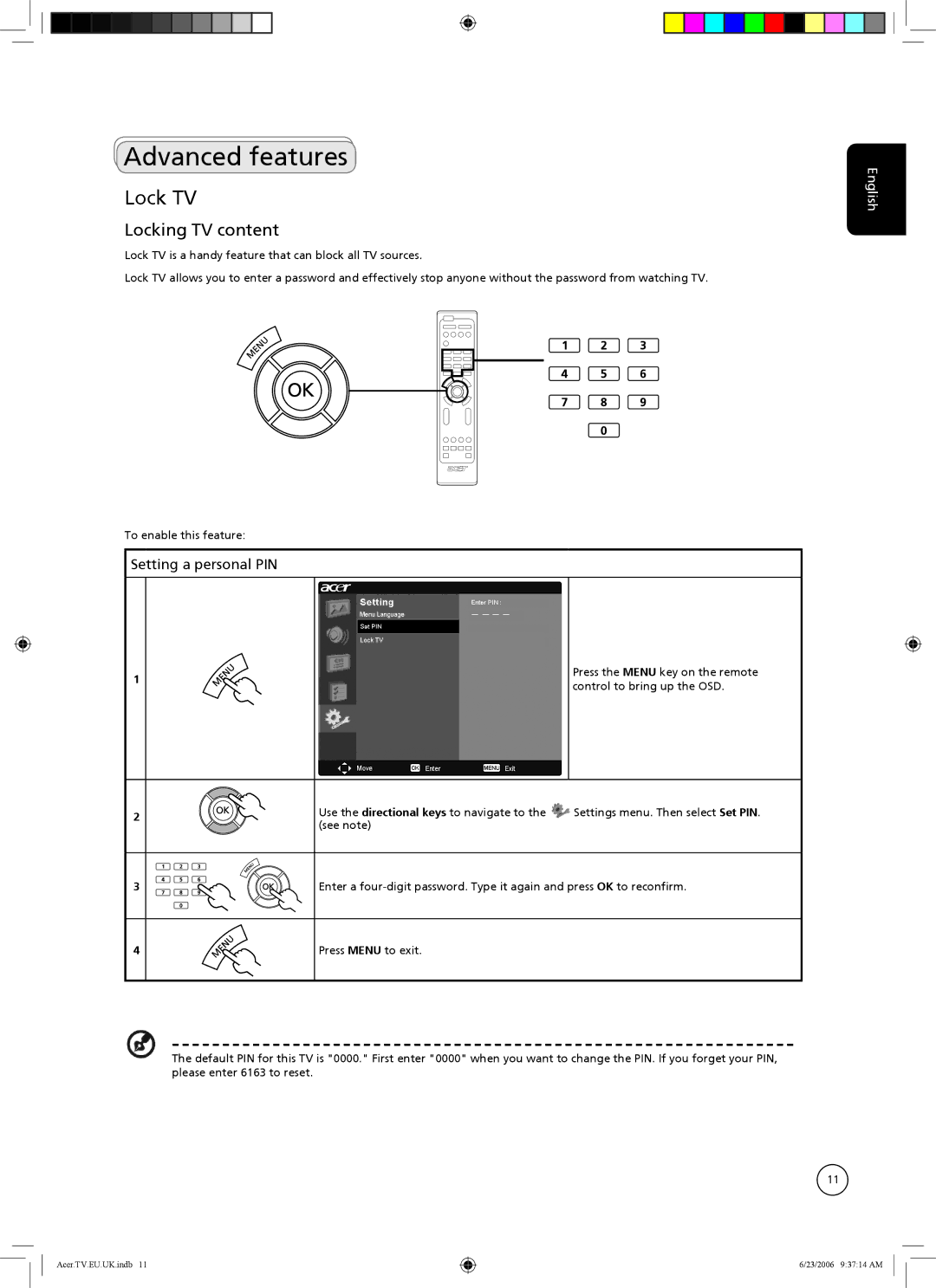 Acer AT3220, AT3720, AT4220 manual Advanced features, Lock TV, Locking TV content, Setting a personal PIN 