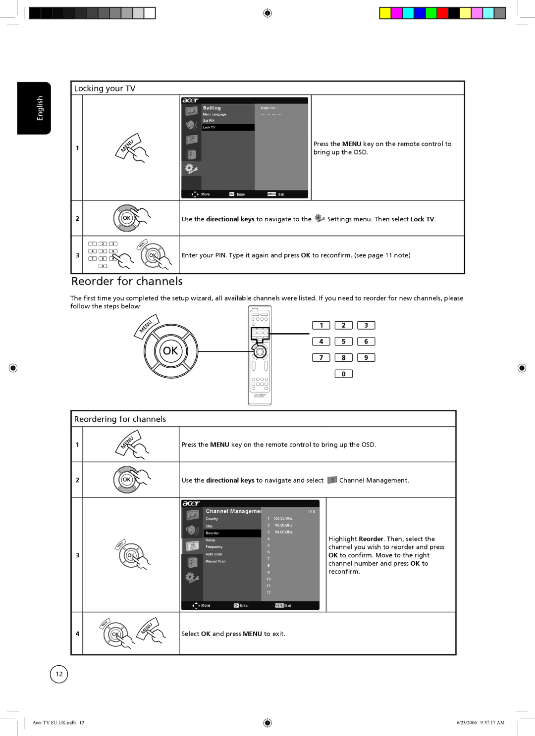 Acer AT3720, AT4220, AT3220 manual Reorder for channels, Locking your TV, Reordering for channels 