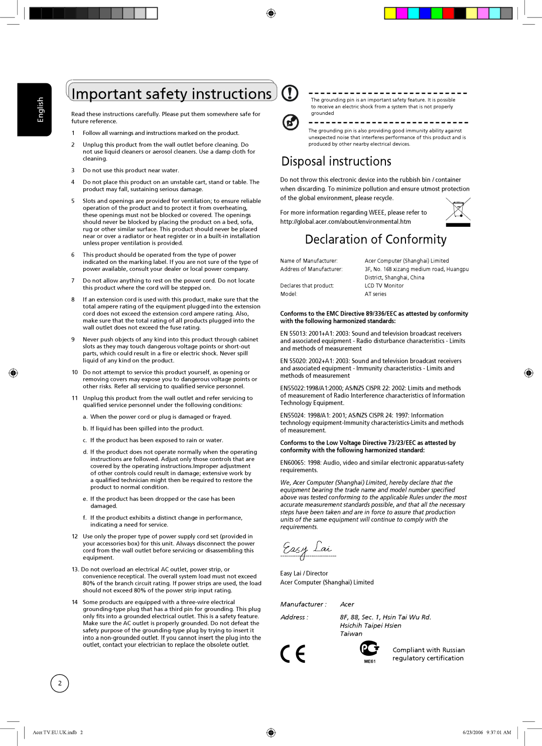 Acer AT3720, AT4220, AT3220 manual Important safety instructions, Disposal instructions 