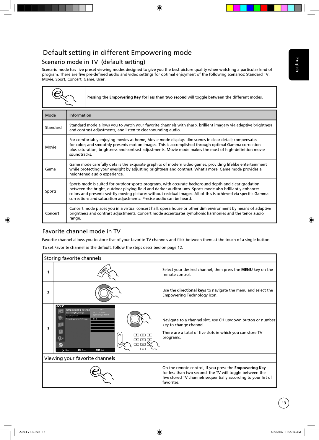 Acer AT3720A Default setting in different Empowering mode, Scenario mode in TV default setting, Storing favorite channels 