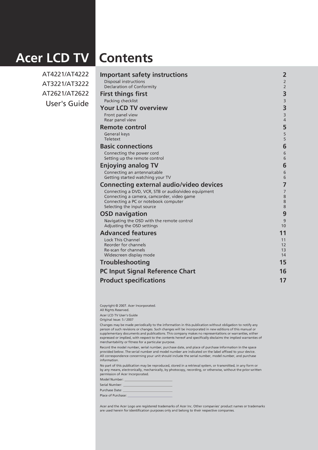 Acer AT2621, AT2622, AT4221, AT4222, AT3221, AT3222 important safety instructions Acer LCD TV 