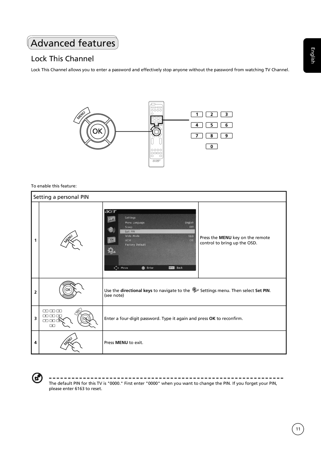 Acer AT3221, AT3222, AT4221, AT4222, AT2621, AT2622 Advanced features, Lock This Channel, Setting a personal PIN 