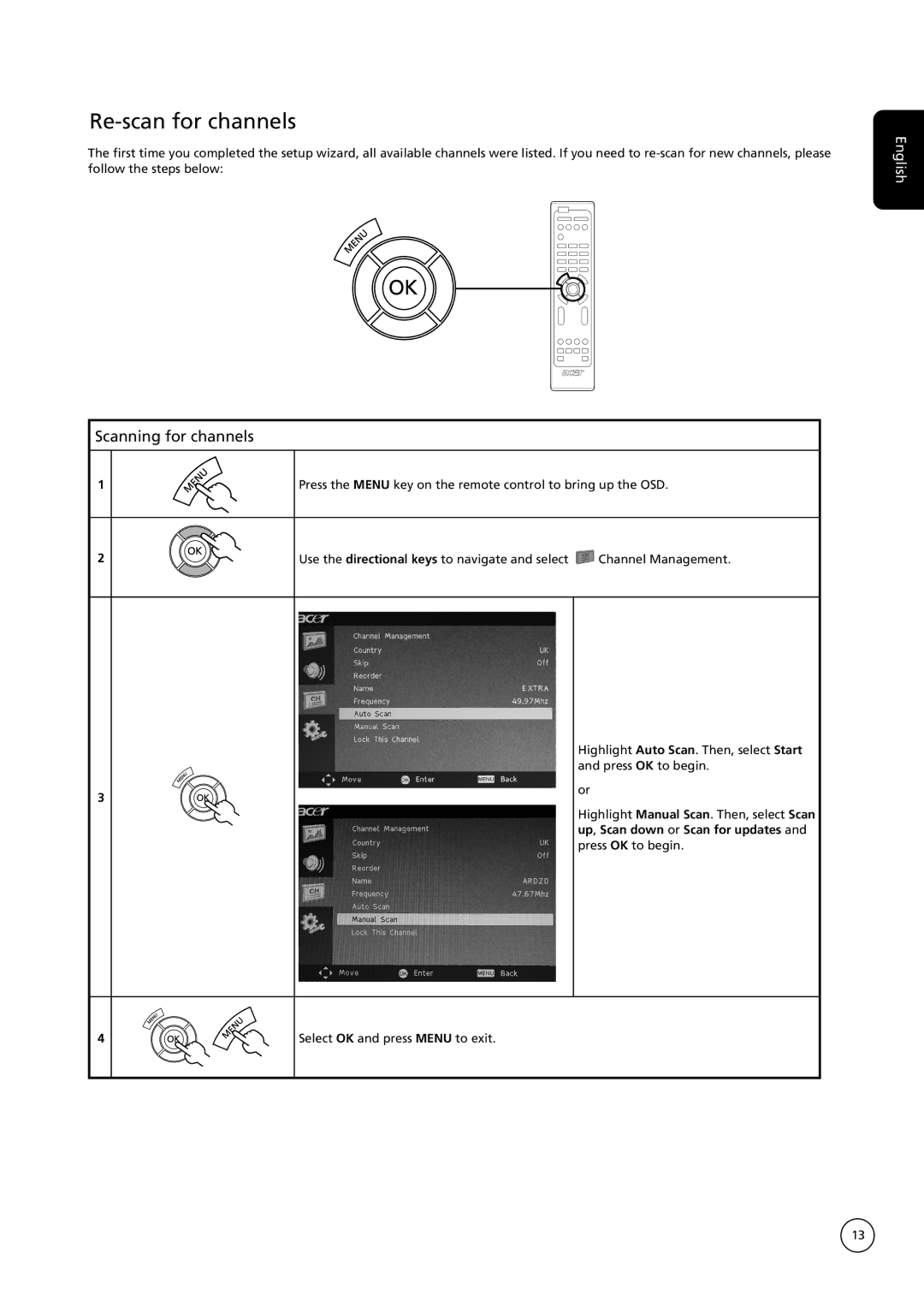 Acer AT2621, AT2622, AT4221, AT4222, AT3221, AT3222 important safety instructions Re-scan for channels, Scanning for channels 