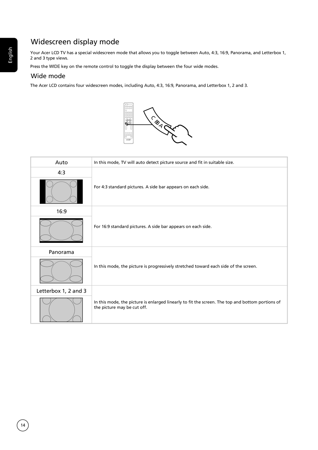 Acer AT3221, AT3222, AT4221, AT4222, AT2621, AT2622 important safety instructions Widescreen display mode, Wide mode 