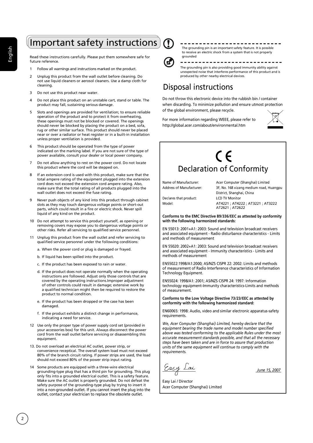 Acer AT3221, AT3222, AT4221, AT4222, AT2621, AT2622 Important safety instructions, Disposal instructions 