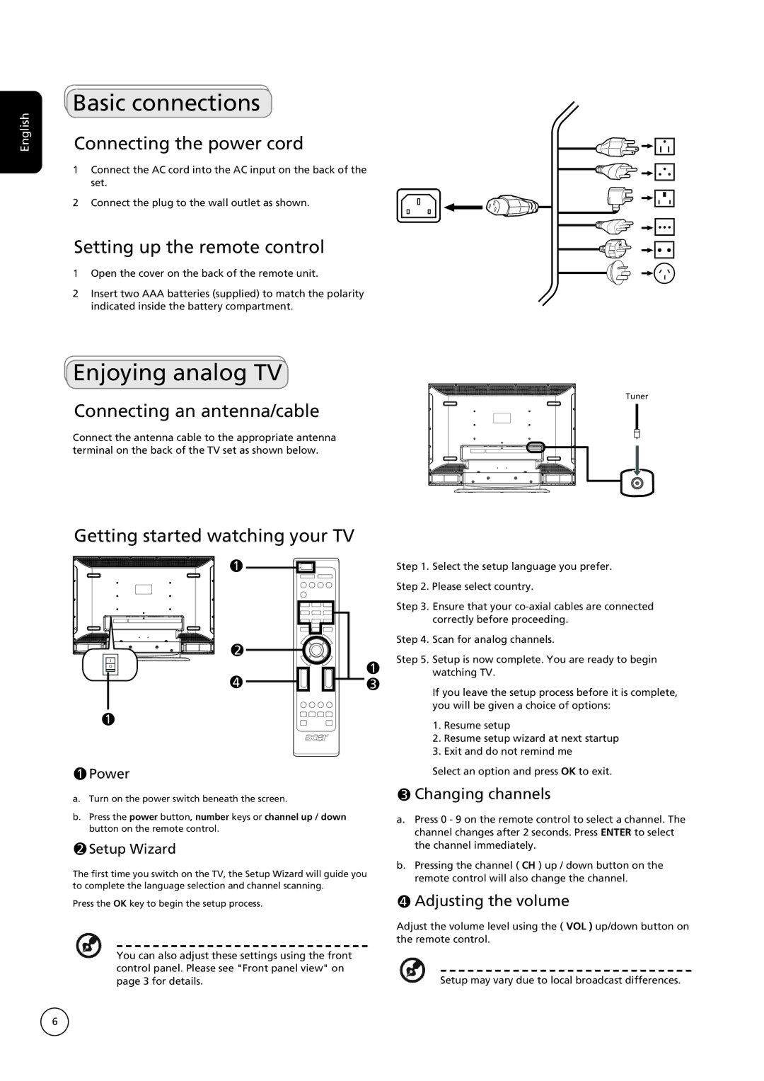 Acer AT4221, AT4222, AT2621, AT2622, AT3221, AT3222 important safety instructions Basic connections, Enjoying analog TV 