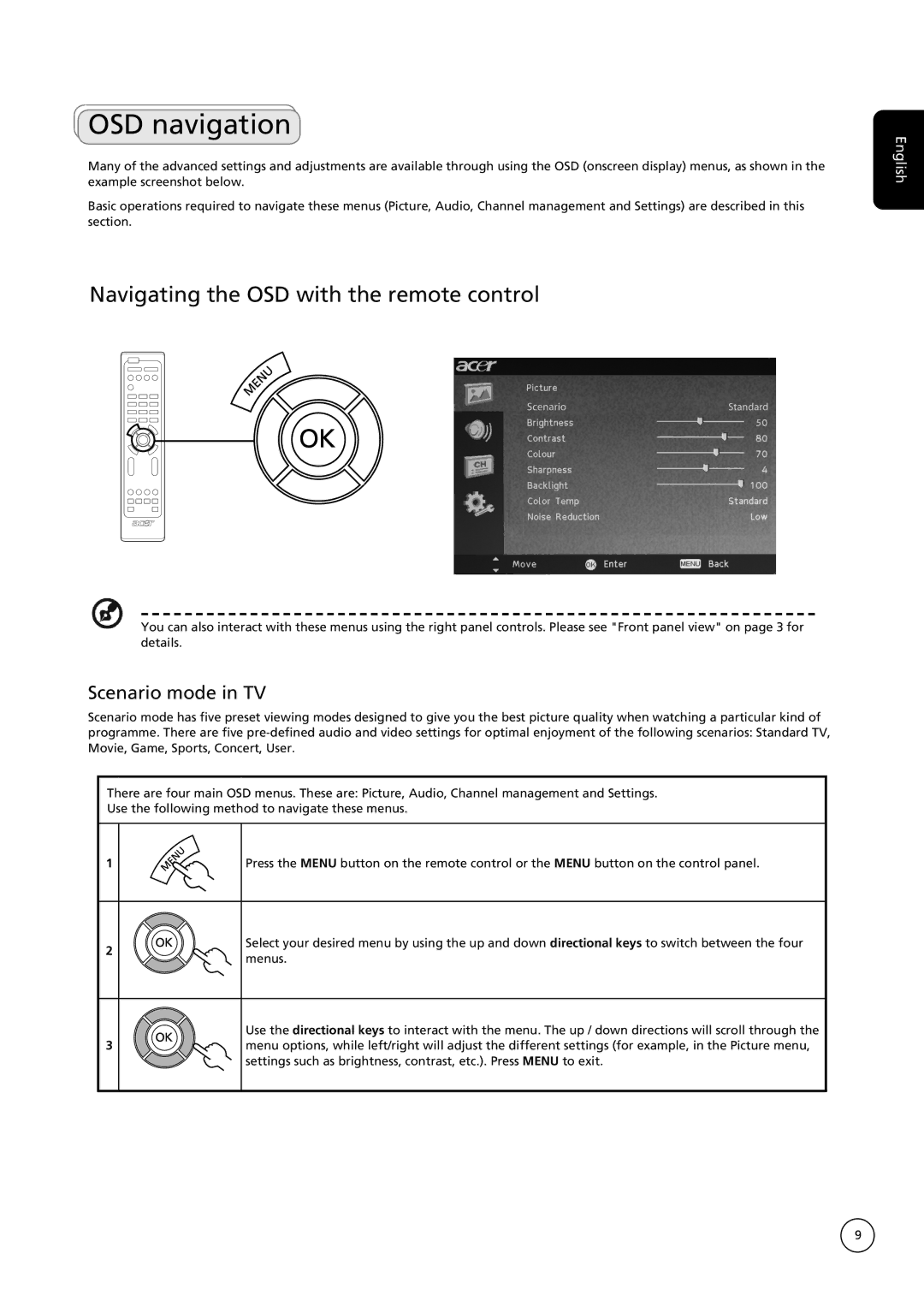 Acer AT4221, AT4222, AT2621, AT2622 OSD navigation, Navigating the OSD with the remote control, Scenario mode in TV 