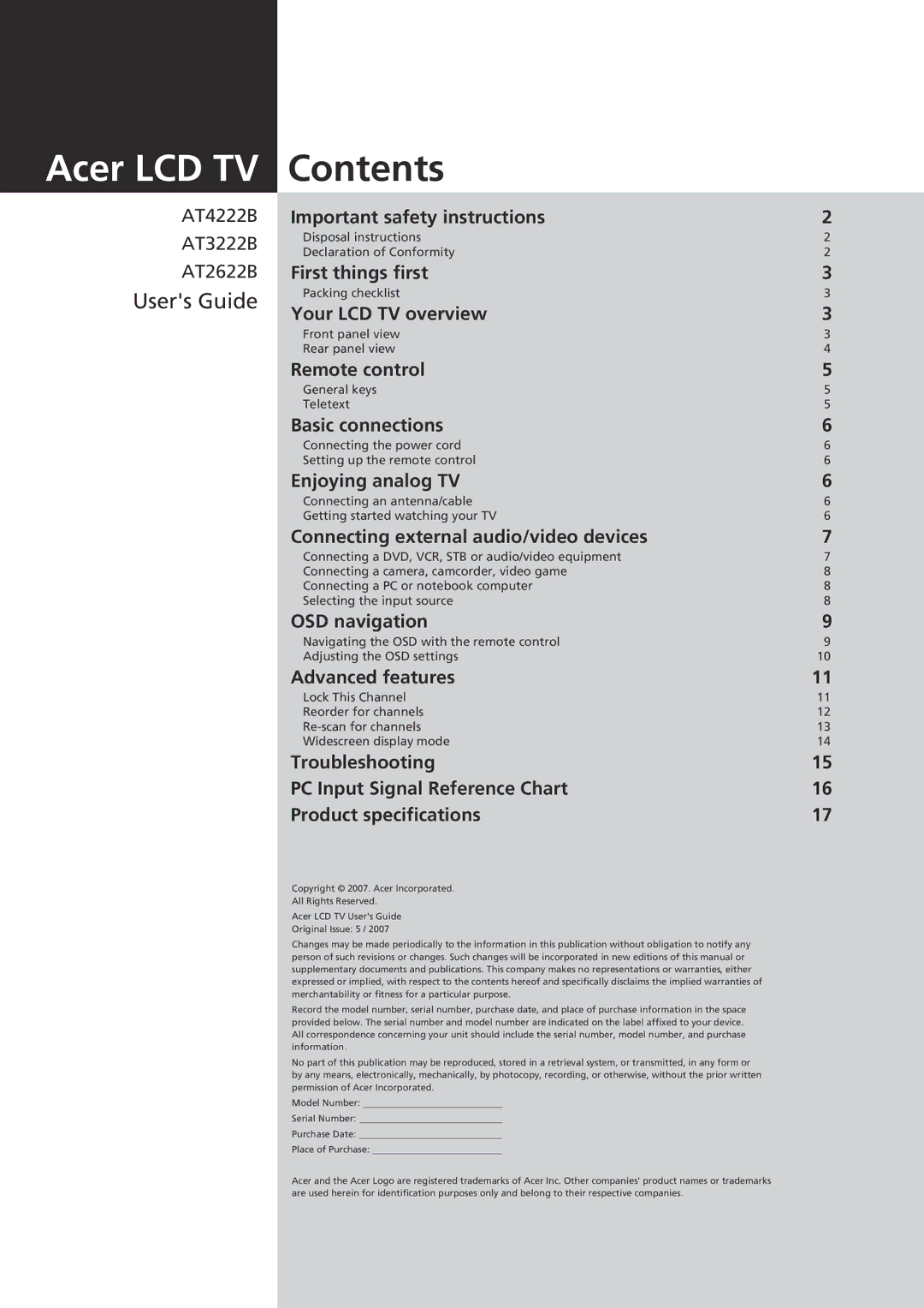 Acer AT2622B, AT4222B, AT3222B important safety instructions Acer LCD TV 