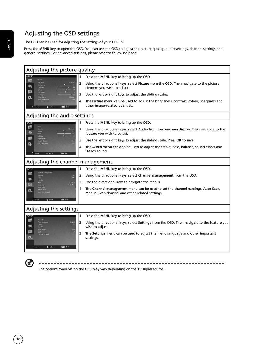 Acer AT2622B, AT4222B, AT3222B Adjusting the OSD settings, Adjusting the picture quality, Adjusting the audio settings 