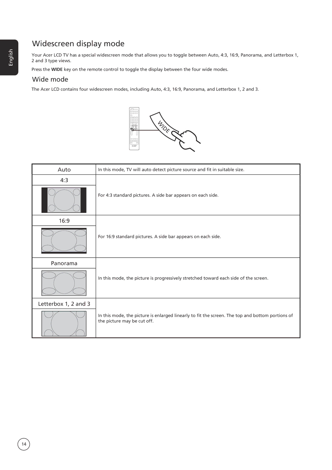 Acer AT3222B, AT4222B, AT2622B important safety instructions Widescreen display mode, Wide mode 