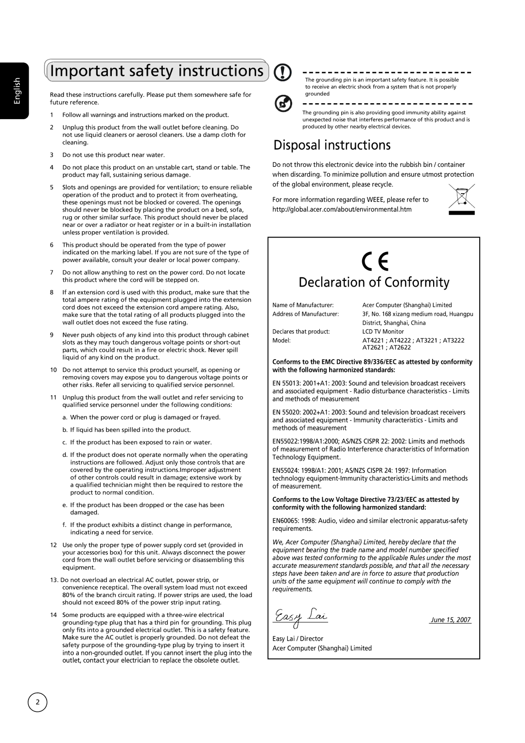 Acer AT3222B, AT4222B, AT2622B important safety instructions Important safety instructions, Disposal instructions 