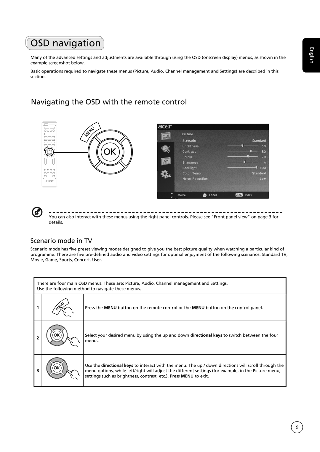 Acer AT4222B, AT2622B, AT3222B OSD navigation, Navigating the OSD with the remote control, Scenario mode in TV 