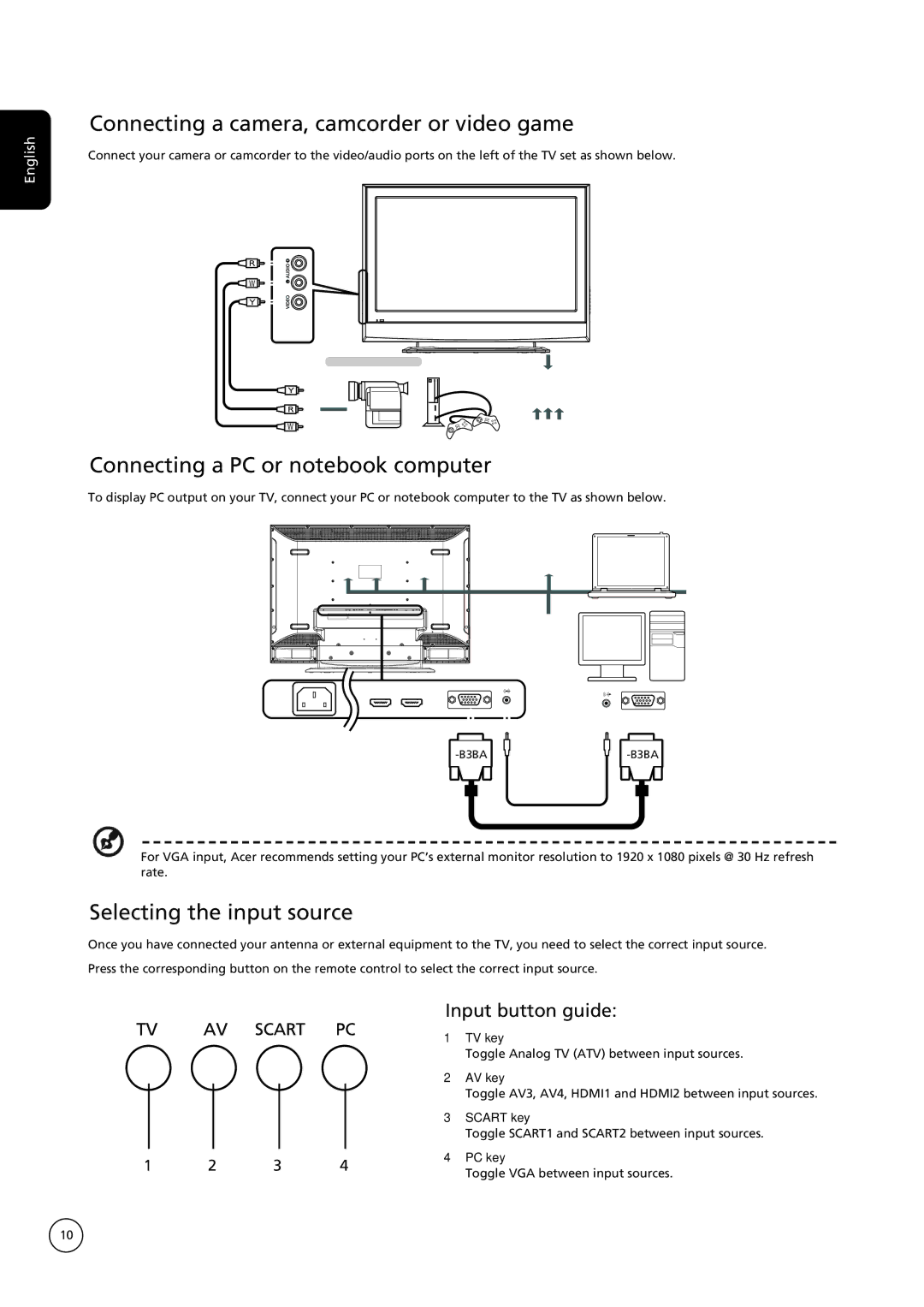 Acer AT4250B-ATV Connecting a camera, camcorder or video game, Connecting a PC or notebook computer, Input button guide 