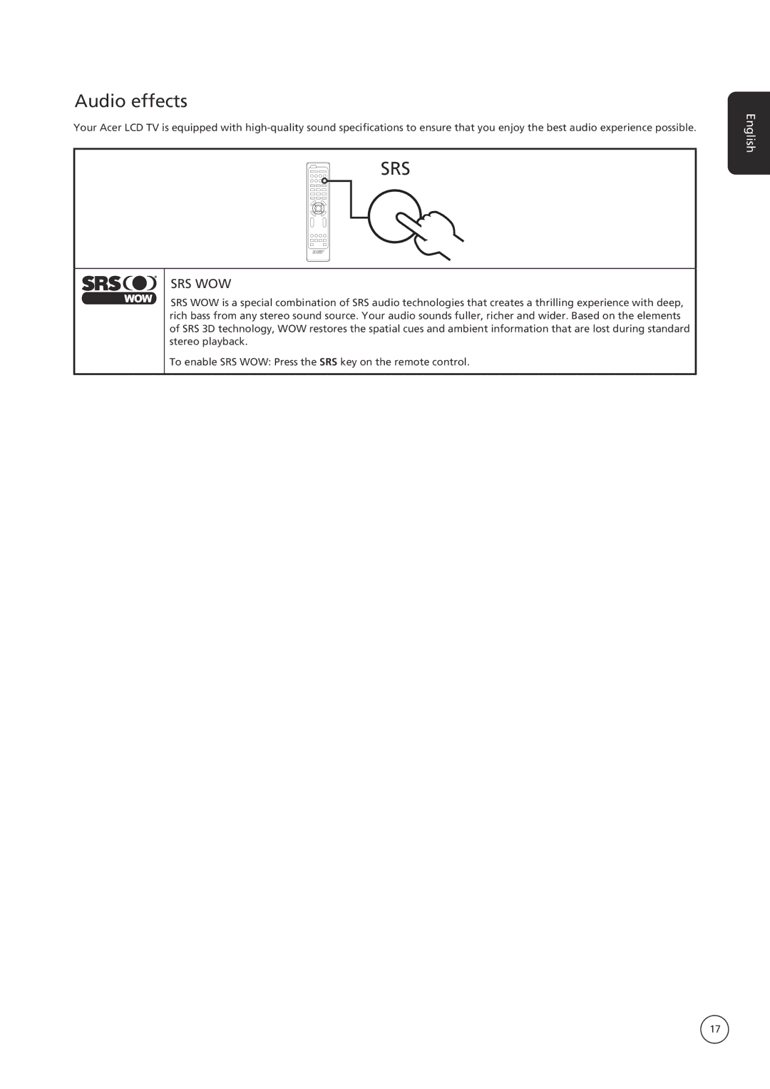 Acer AT4250B-ATV important safety instructions Audio effects, Srs 