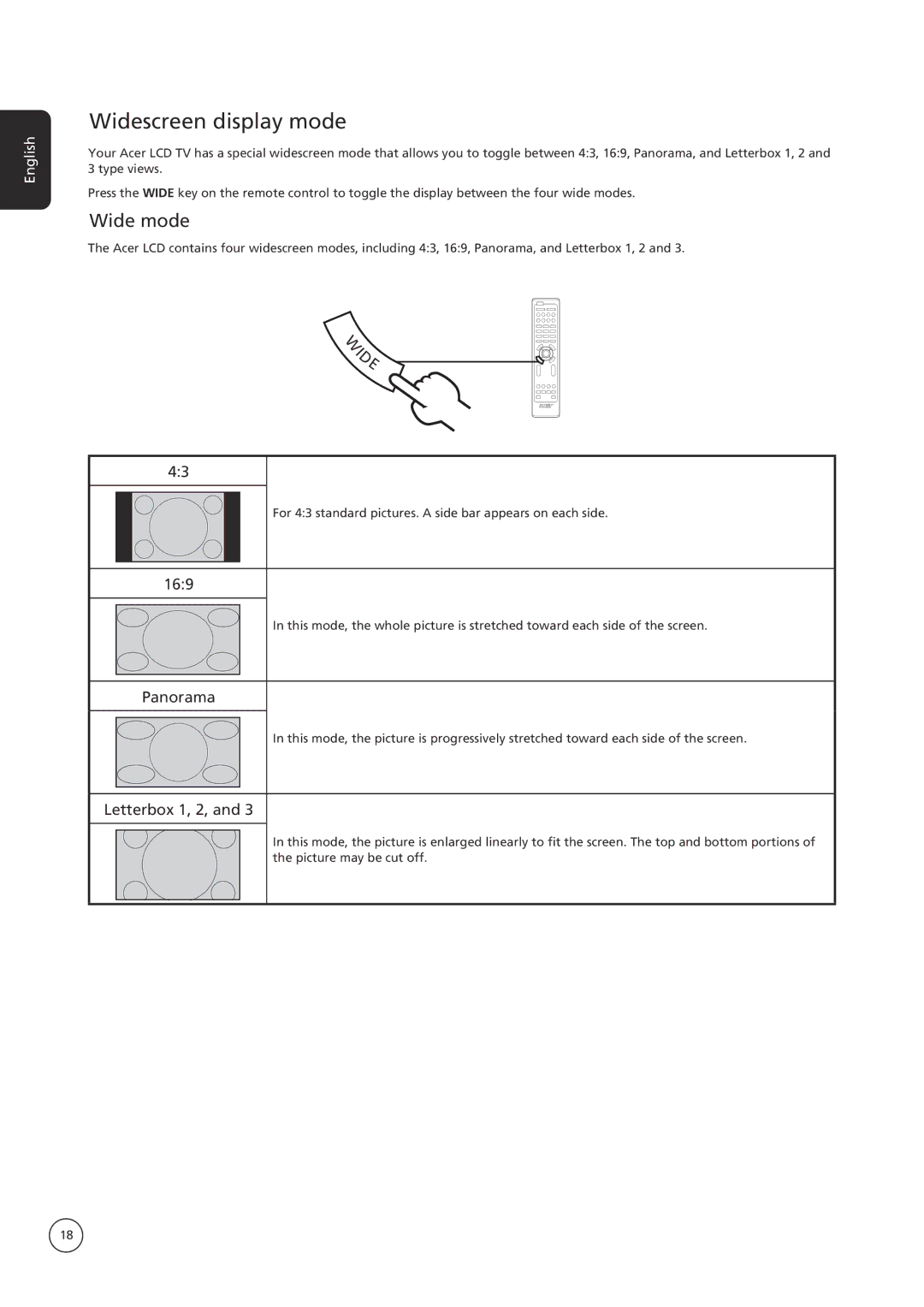 Acer AT4250B-ATV important safety instructions Widescreen display mode, Wide mode, 169, Panorama, Letterbox 1, 2 