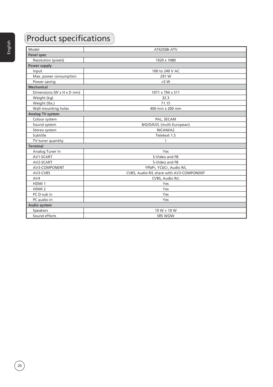 Acer AT4250B-ATV important safety instructions Product specifications, Mechanical 