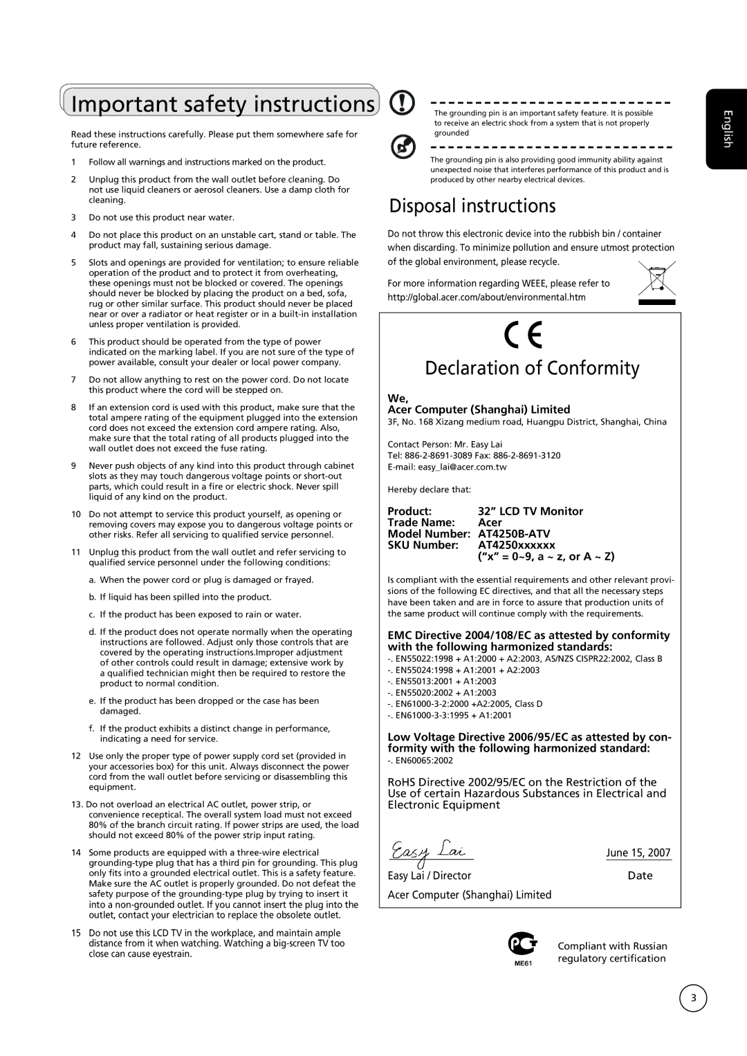 Acer AT4250B-ATV important safety instructions Important safety instructions, Disposal instructions 