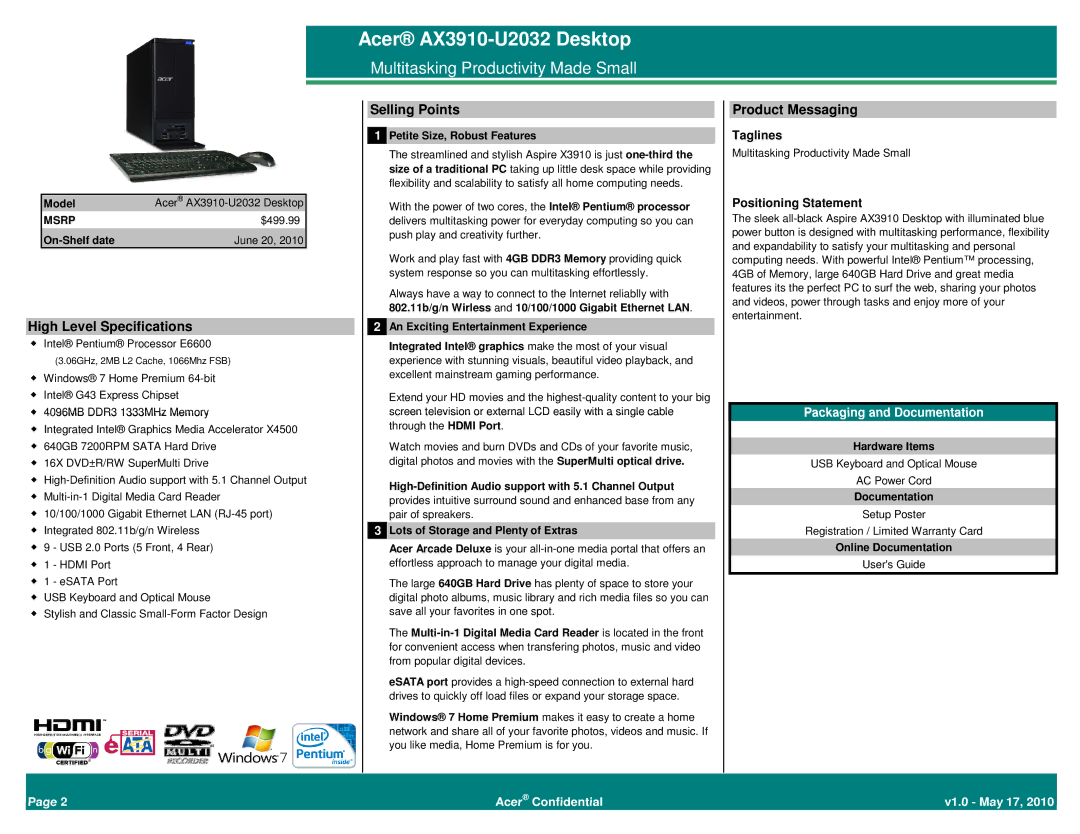 Acer AX3910-U2032 manual High Level Specifications, Selling Points, Product Messaging 