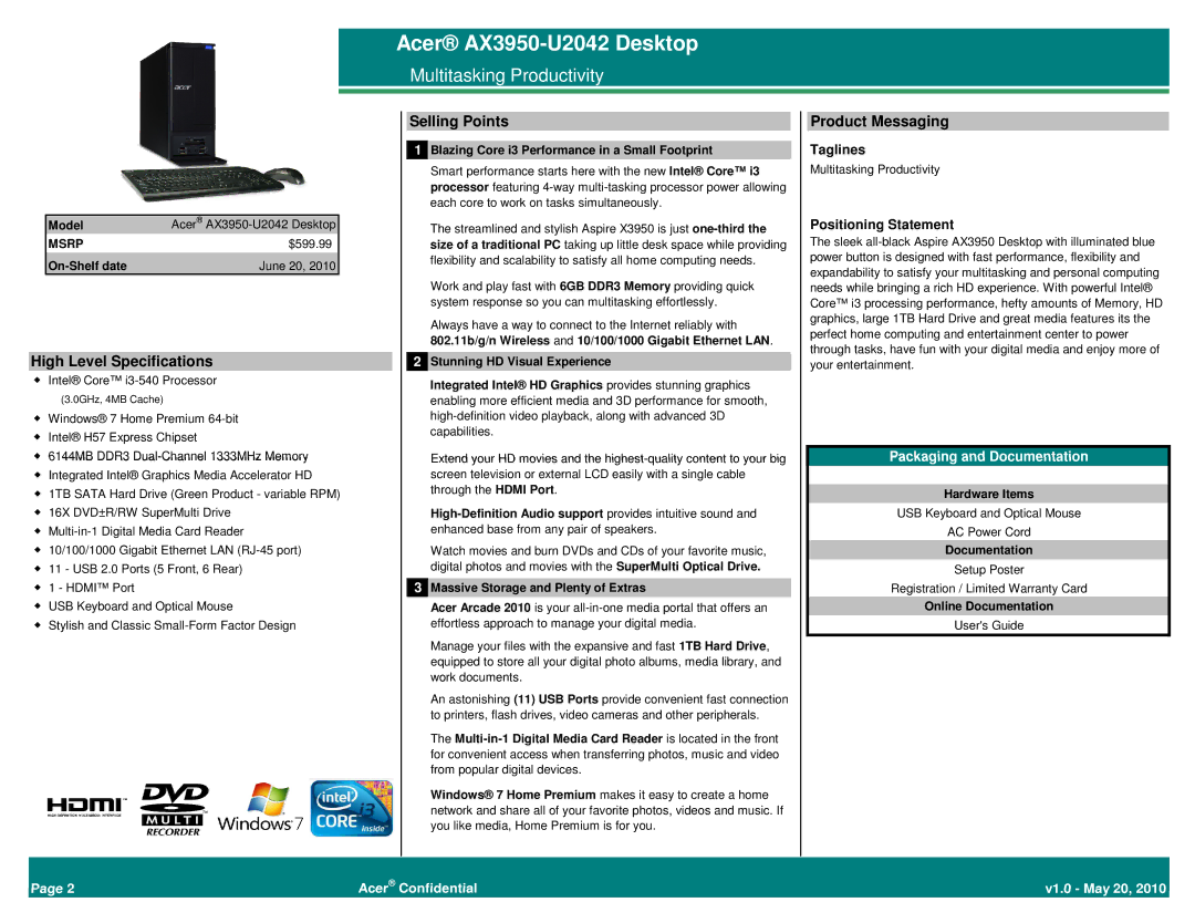 Acer AX3950-U2042 manual Selling Points, Product Messaging 