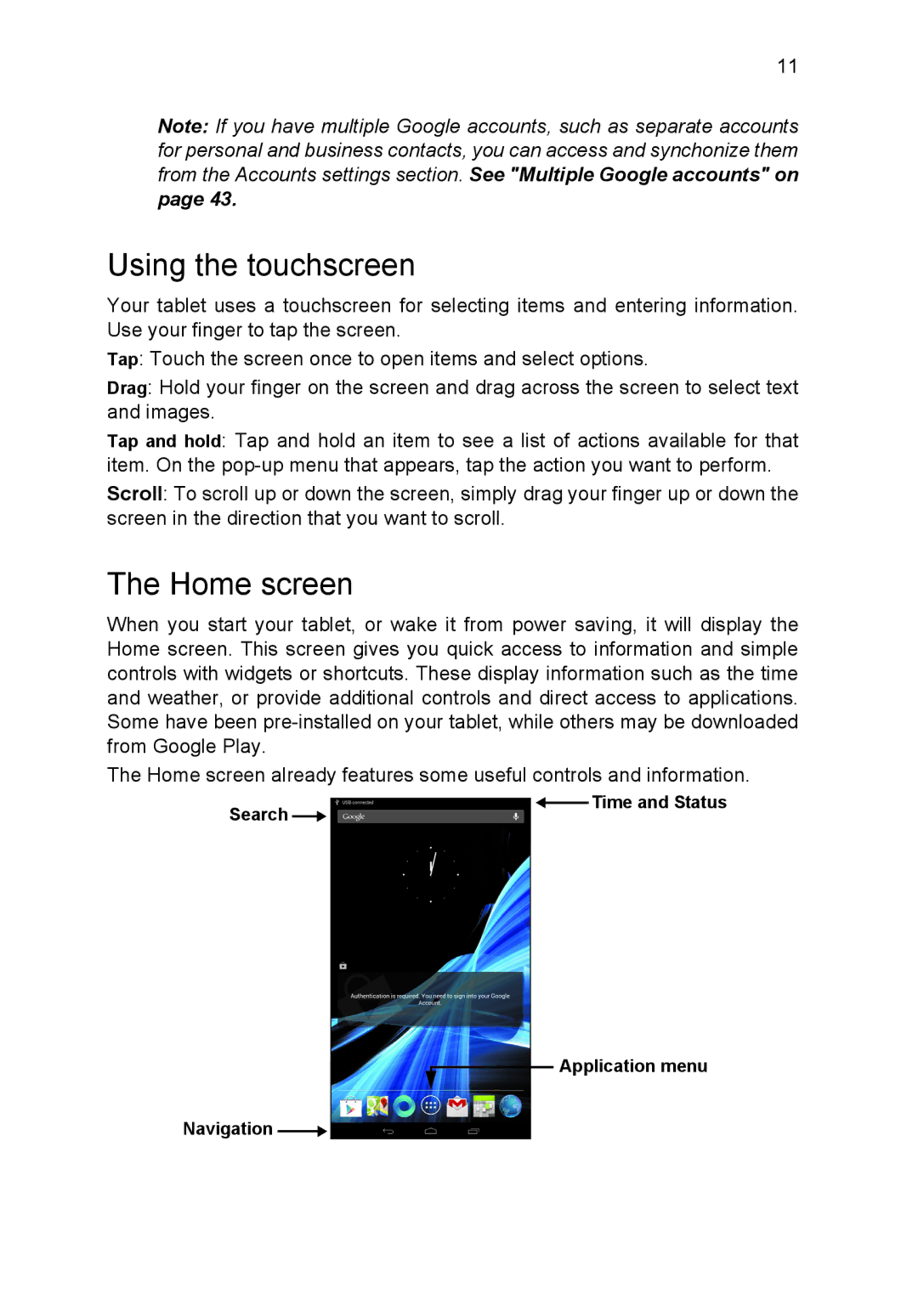 Acer B1-720-L864 manual Using the touchscreen, Home screen 