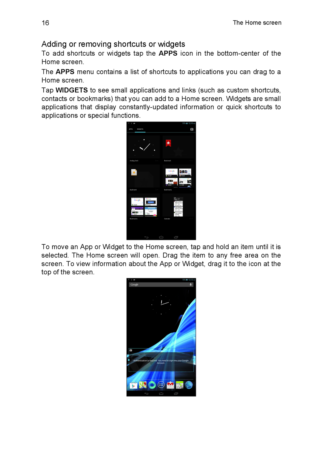 Acer B1-720-L864 manual Adding or removing shortcuts or widgets 