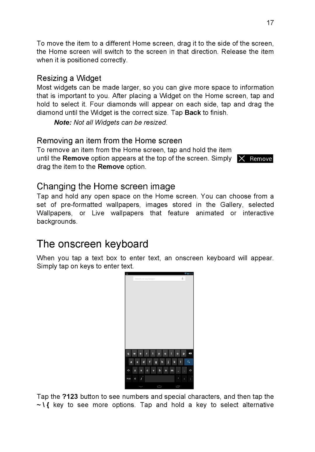 Acer B1-720-L864 manual Onscreen keyboard, Changing the Home screen image, Resizing a Widget 