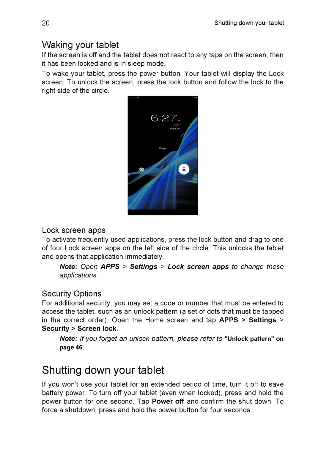 Acer B1-720-L864 manual Shutting down your tablet, Waking your tablet, Lock screen apps, Security Options 