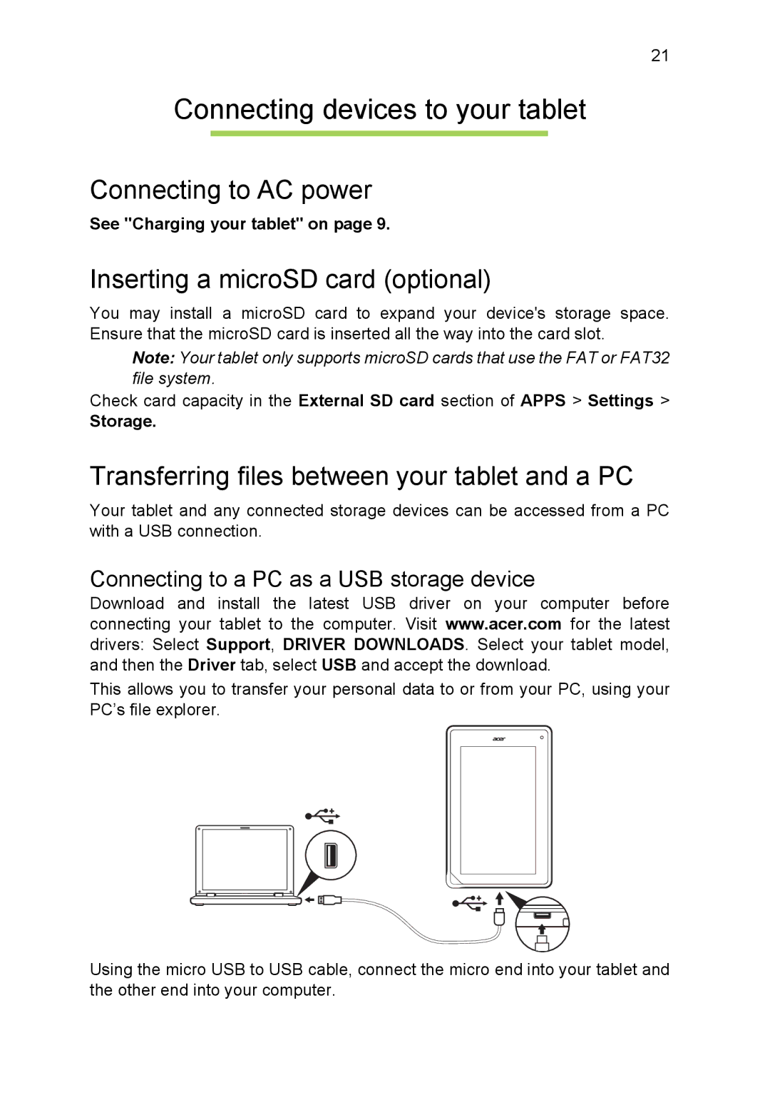 Acer B1-720-L864 manual Connecting devices to your tablet, Connecting to AC power, Inserting a microSD card optional 