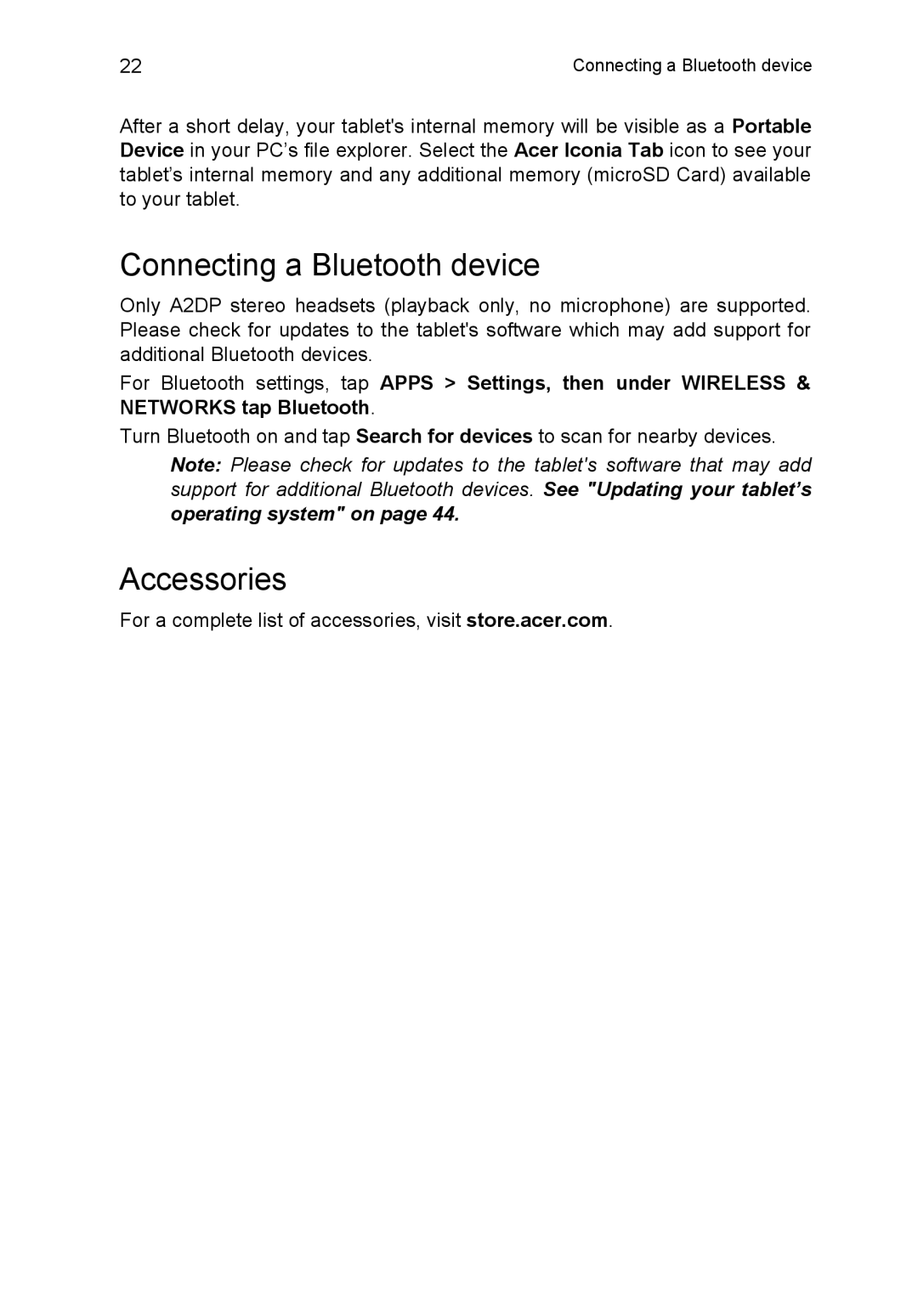 Acer B1-720-L864 manual Connecting a Bluetooth device, Accessories 