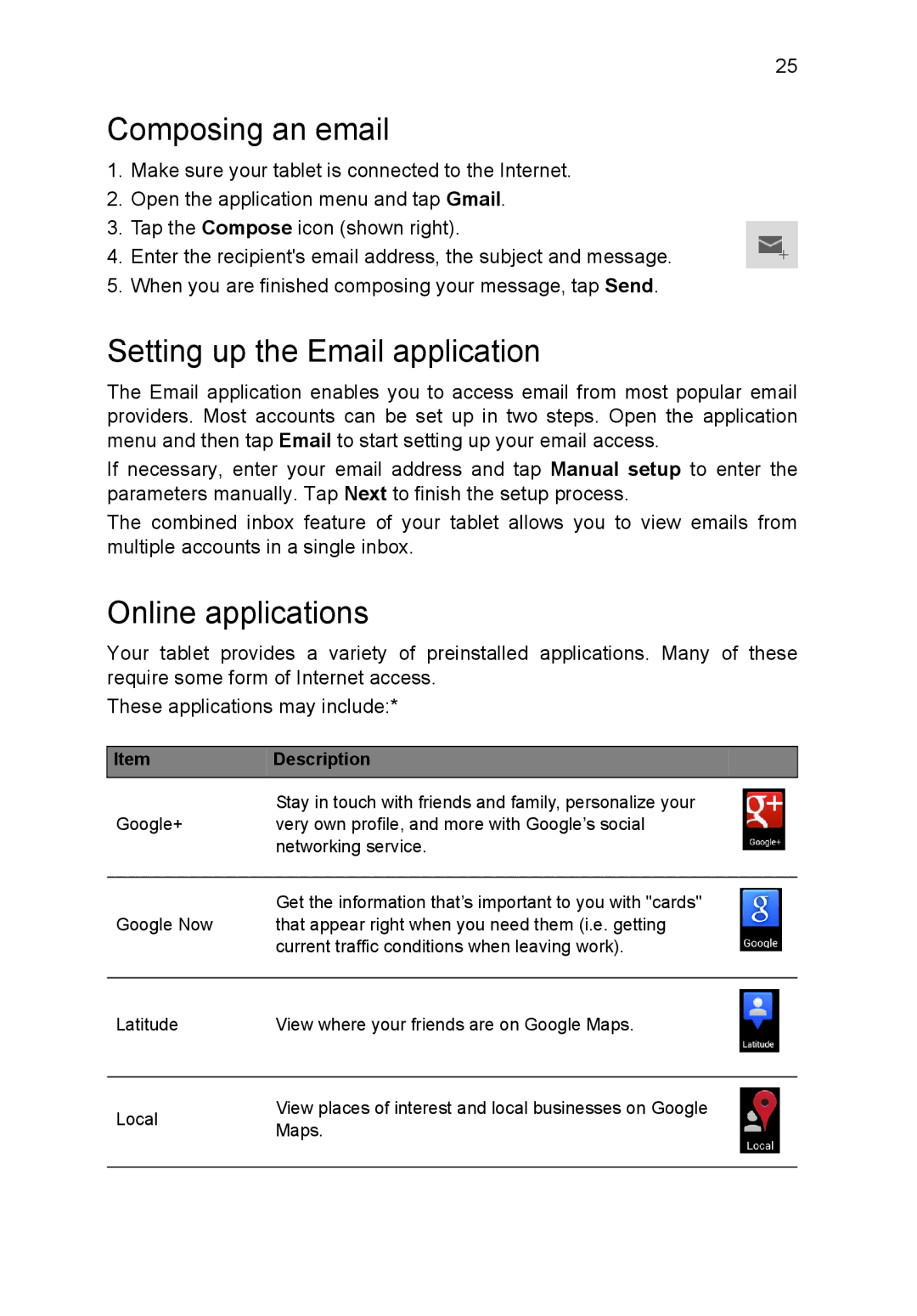 Acer B1-720-L864 manual Composing an email, Setting up the Email application, Online applications 