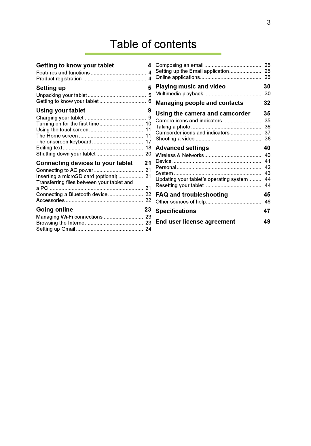 Acer B1-720-L864 manual Table of contents 