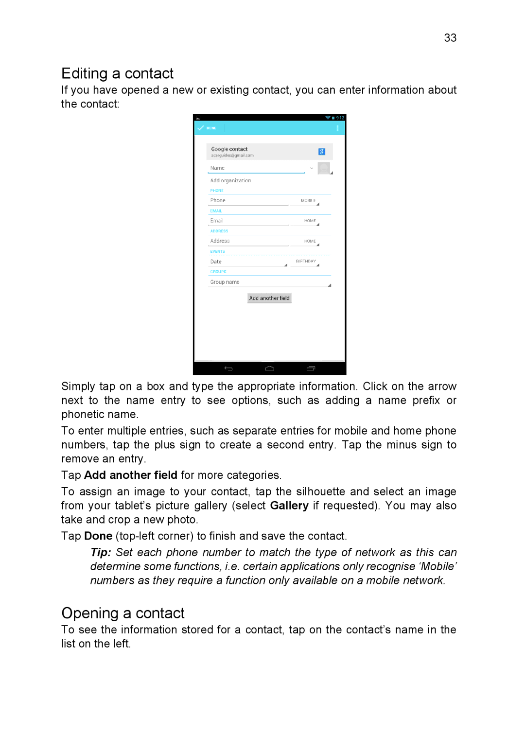 Acer B1-720-L864 manual Editing a contact, Opening a contact 