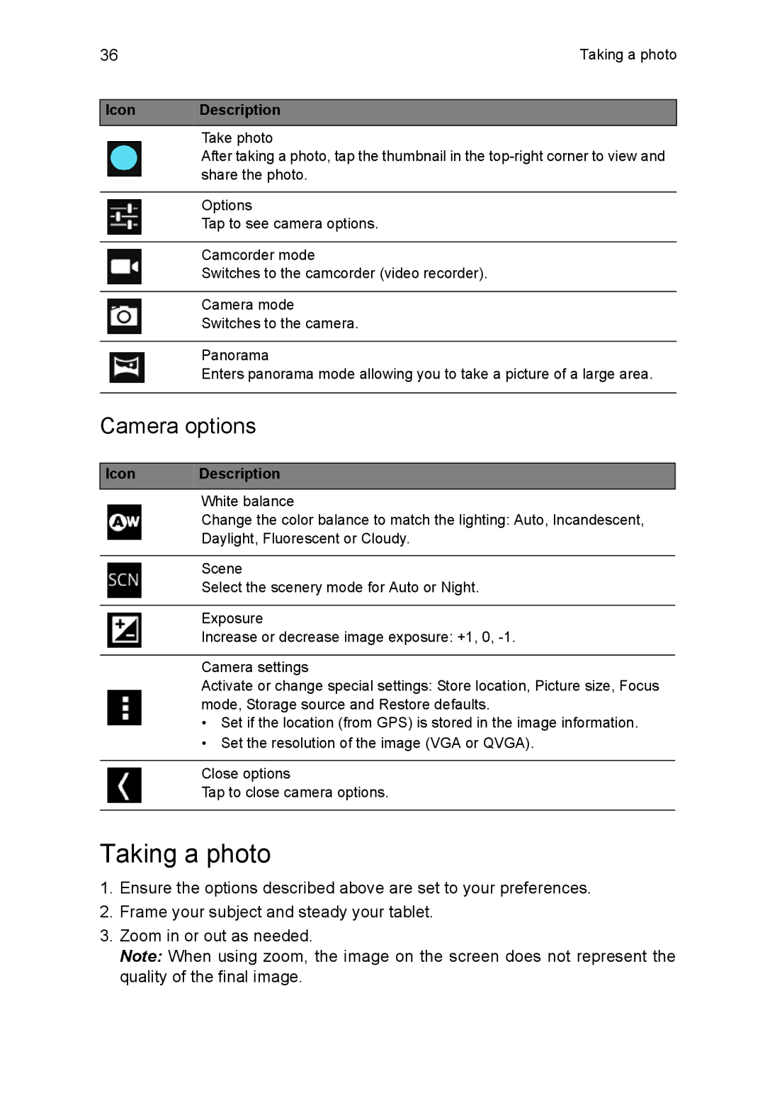 Acer B1-720-L864 manual Taking a photo, Camera options 