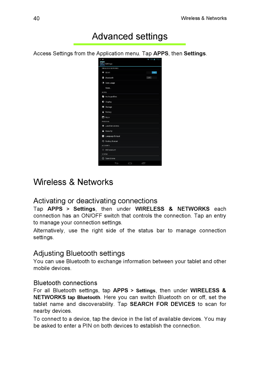 Acer B1-720-L864 Advanced settings, Wireless & Networks, Activating or deactivating connections, Bluetooth connections 