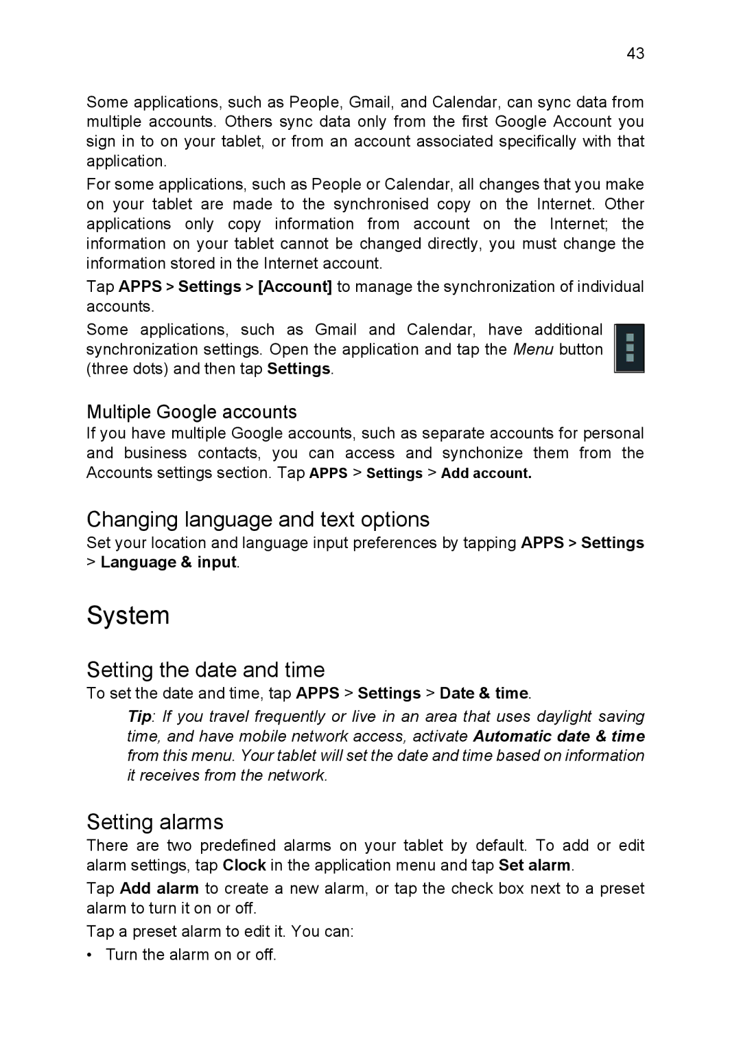 Acer B1-720-L864 manual System, Changing language and text options, Setting the date and time, Setting alarms 