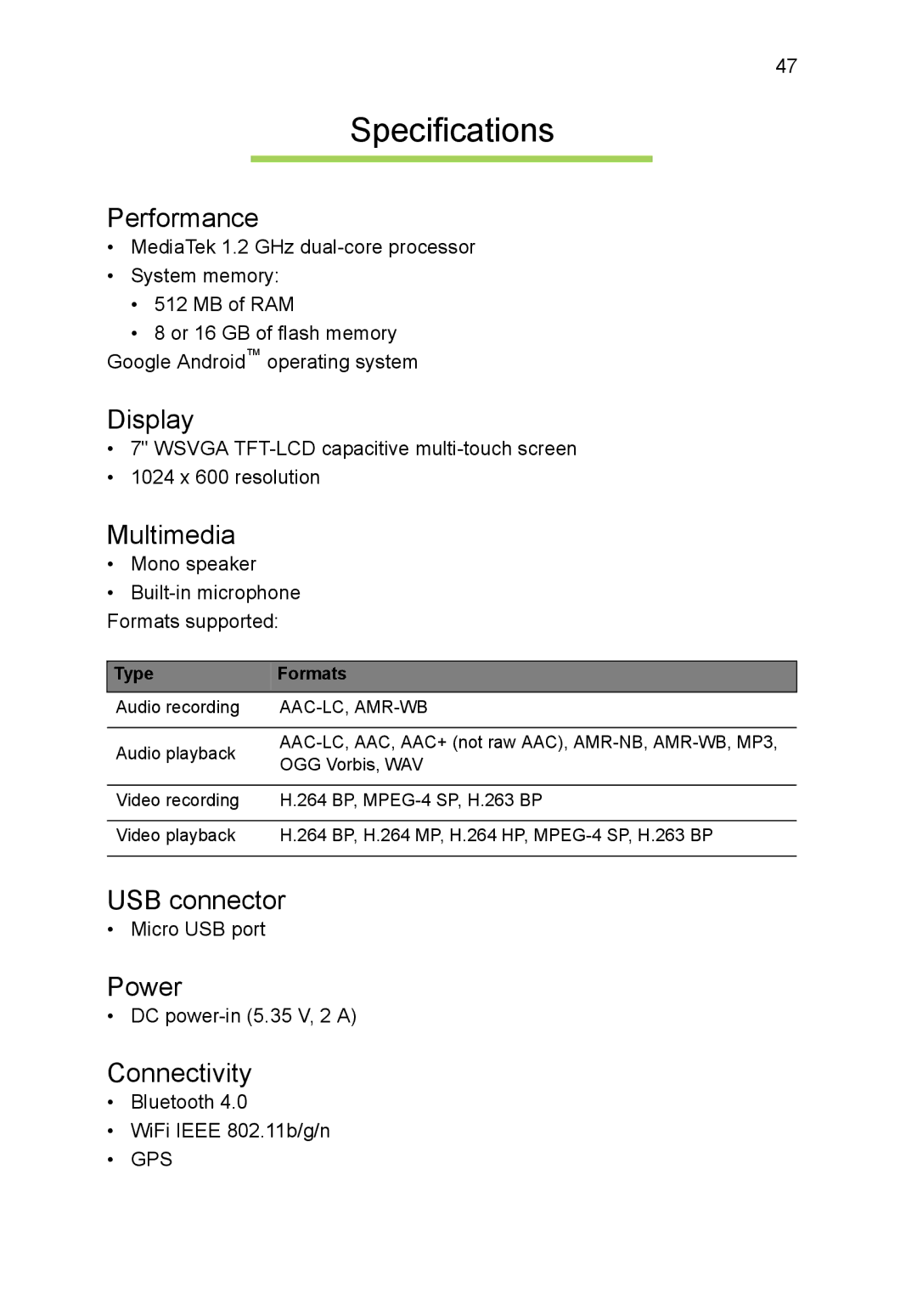 Acer B1-720-L864 manual Specifications 