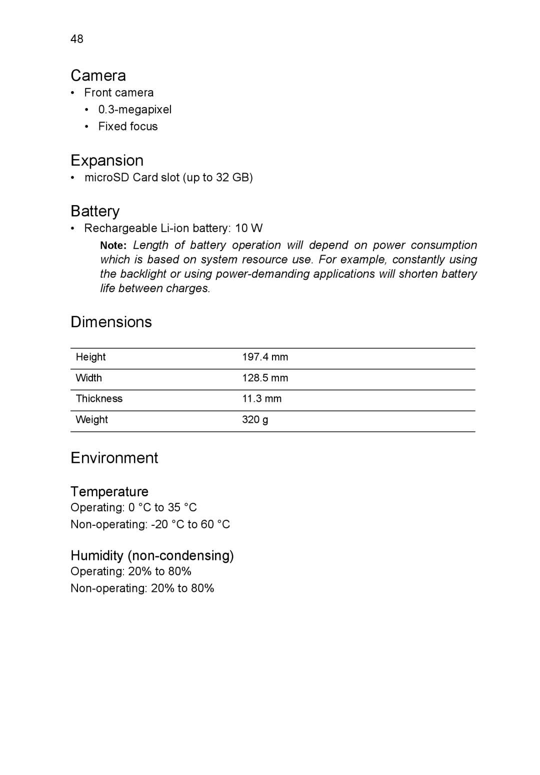 Acer B1-720-L864 manual Camera, Expansion, Battery, Dimensions, Environment 