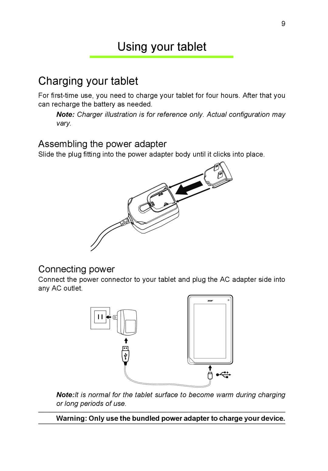 Acer B1-720-L864 manual Using your tablet, Charging your tablet, Assembling the power adapter, Connecting power 