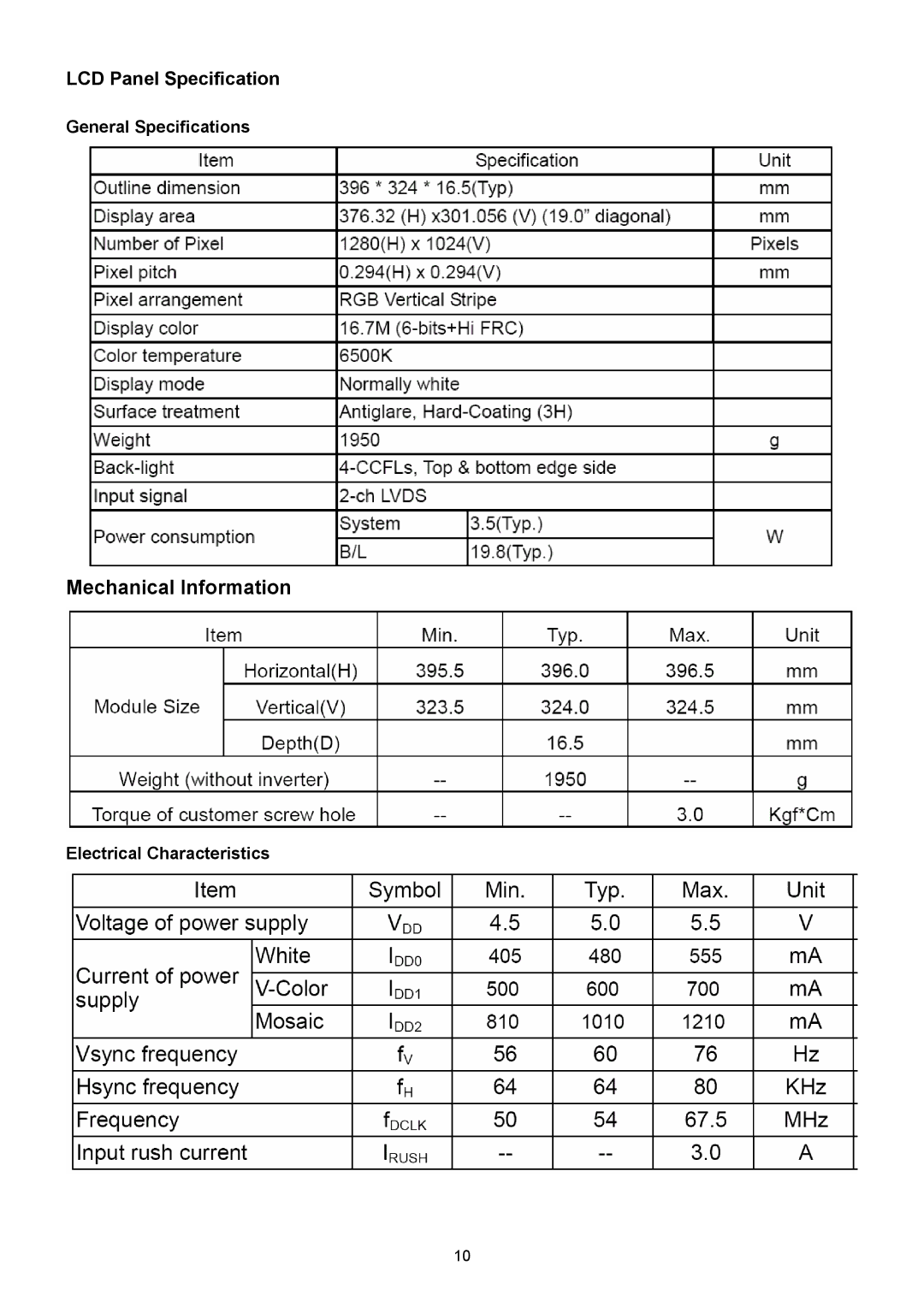 Acer B193R manual LCD Panel Specification, General Specifications, Electrical Characteristics 