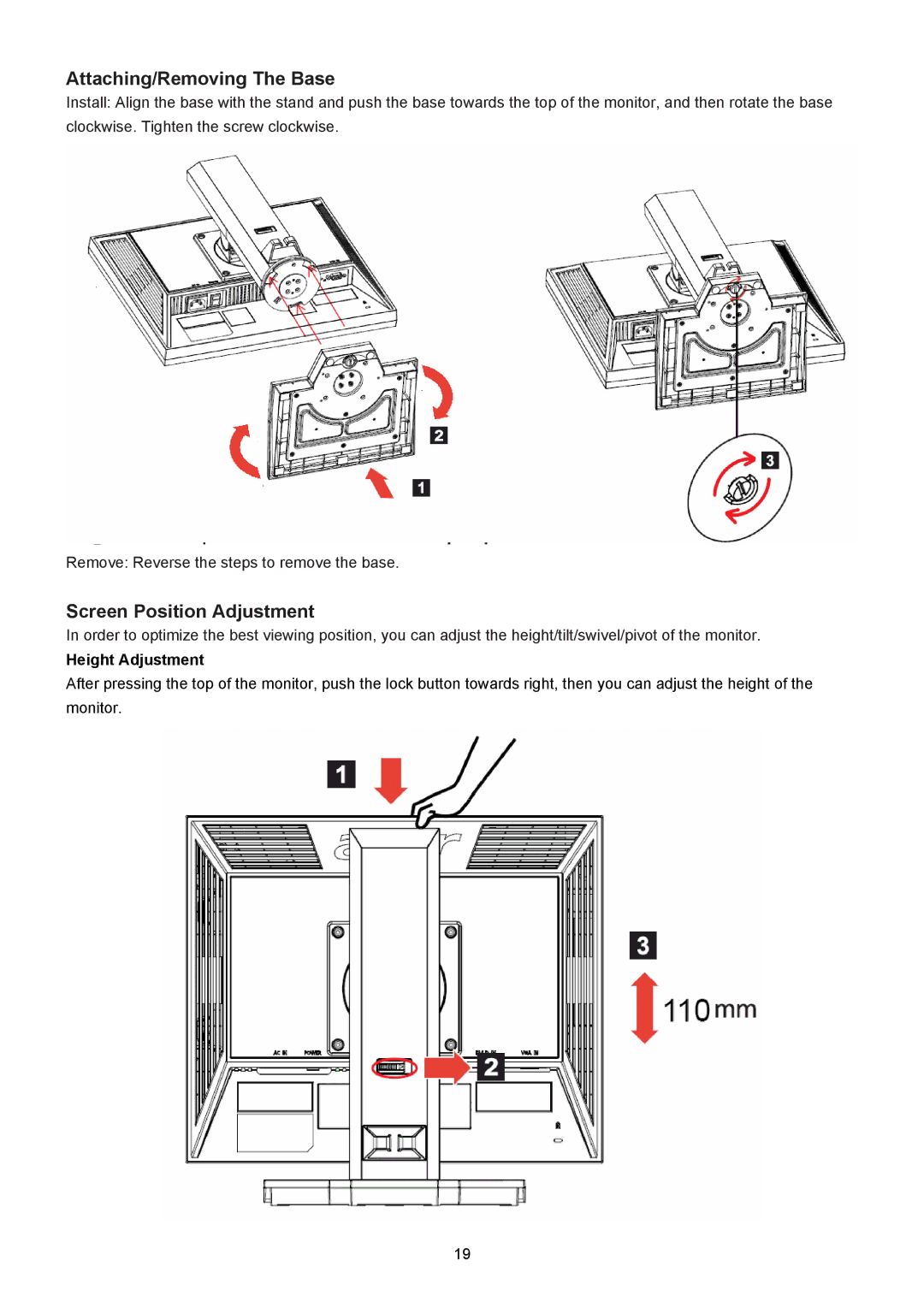 Acer B193R manual Attaching/Removing The Base, Height Adjustment 