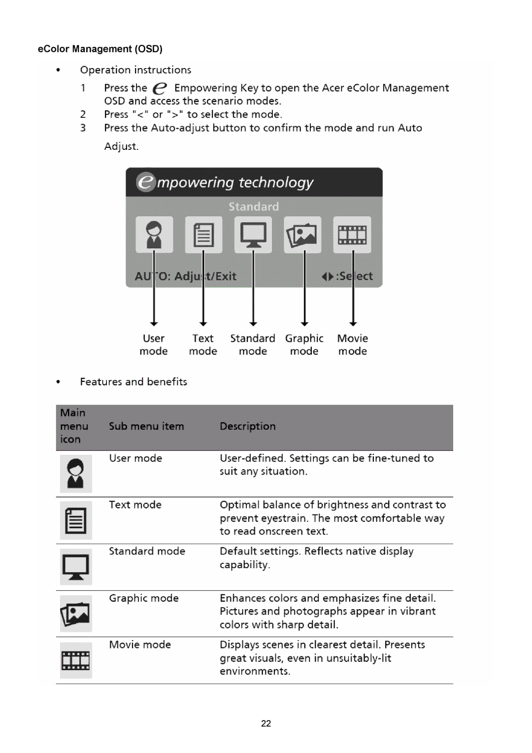 Acer B193R manual EColor Management OSD 