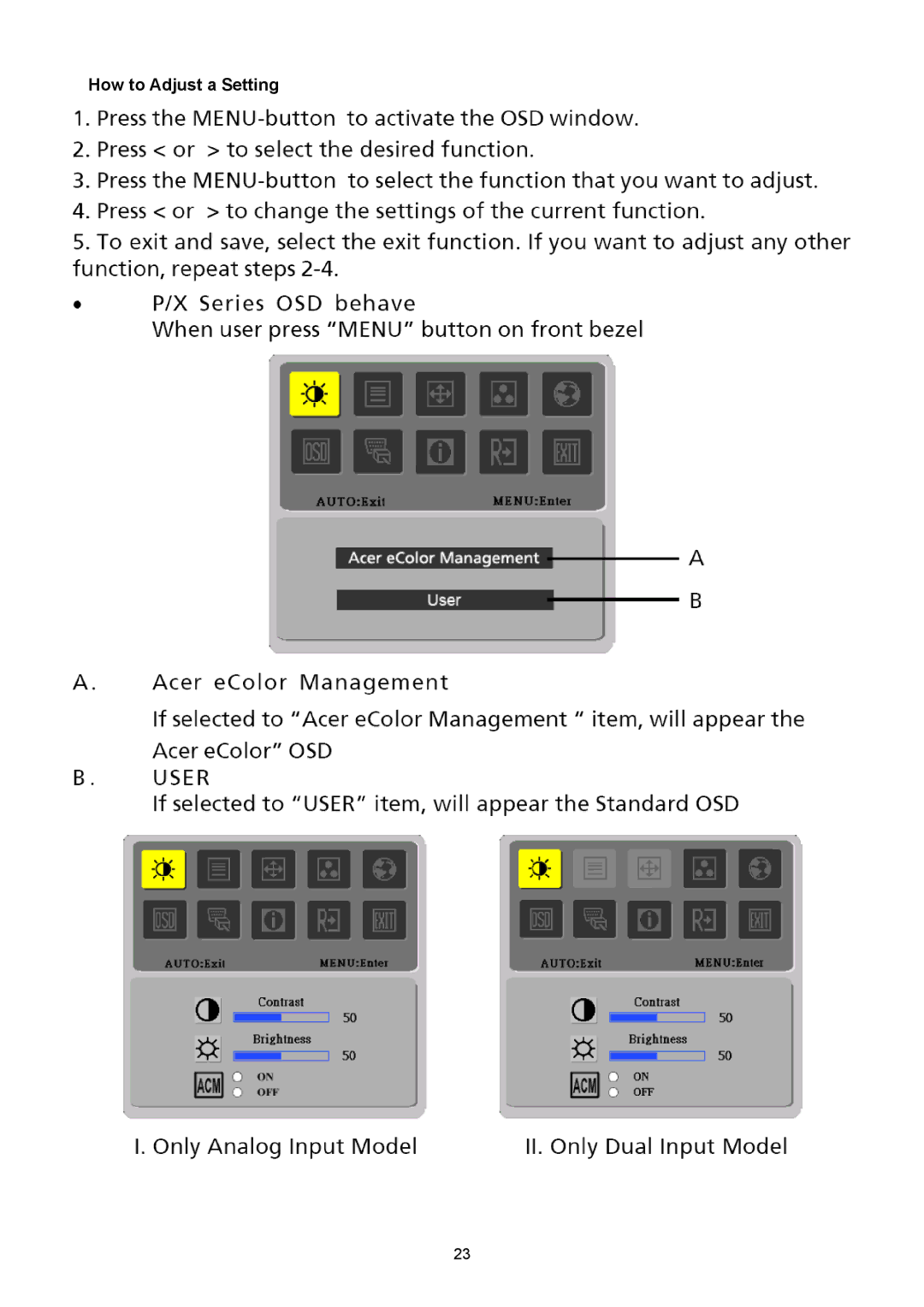 Acer B193R manual How to Adjust a Setting 