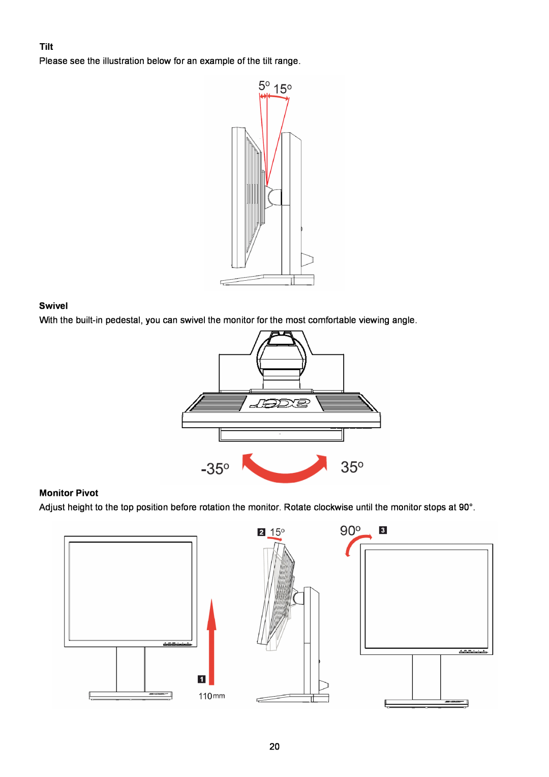 Acer B193R manual Tilt, Swivel, Monitor Pivot 